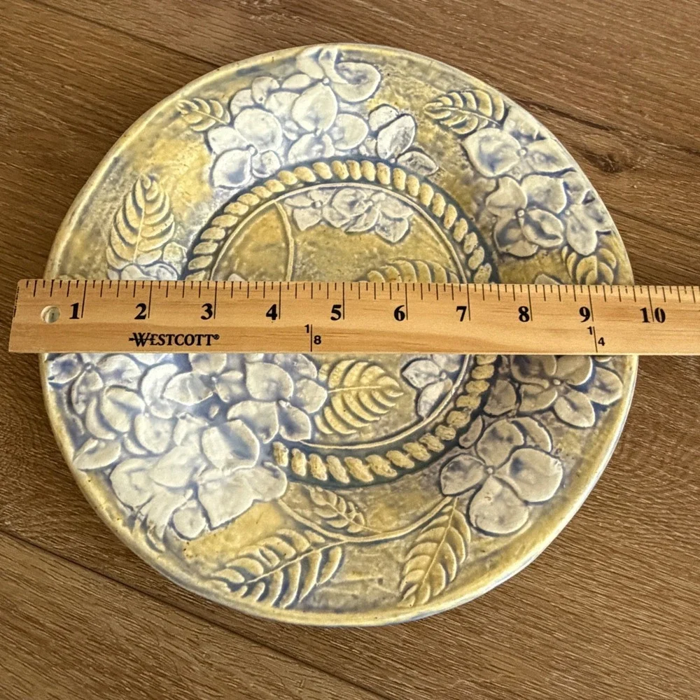 Handmade Studio Pottery Hydrangea Floral Relief Plate Blue Yellow Green 9.25